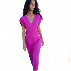 Zara Flowy Gathered V-Neck Midi Dress - Medium NWT